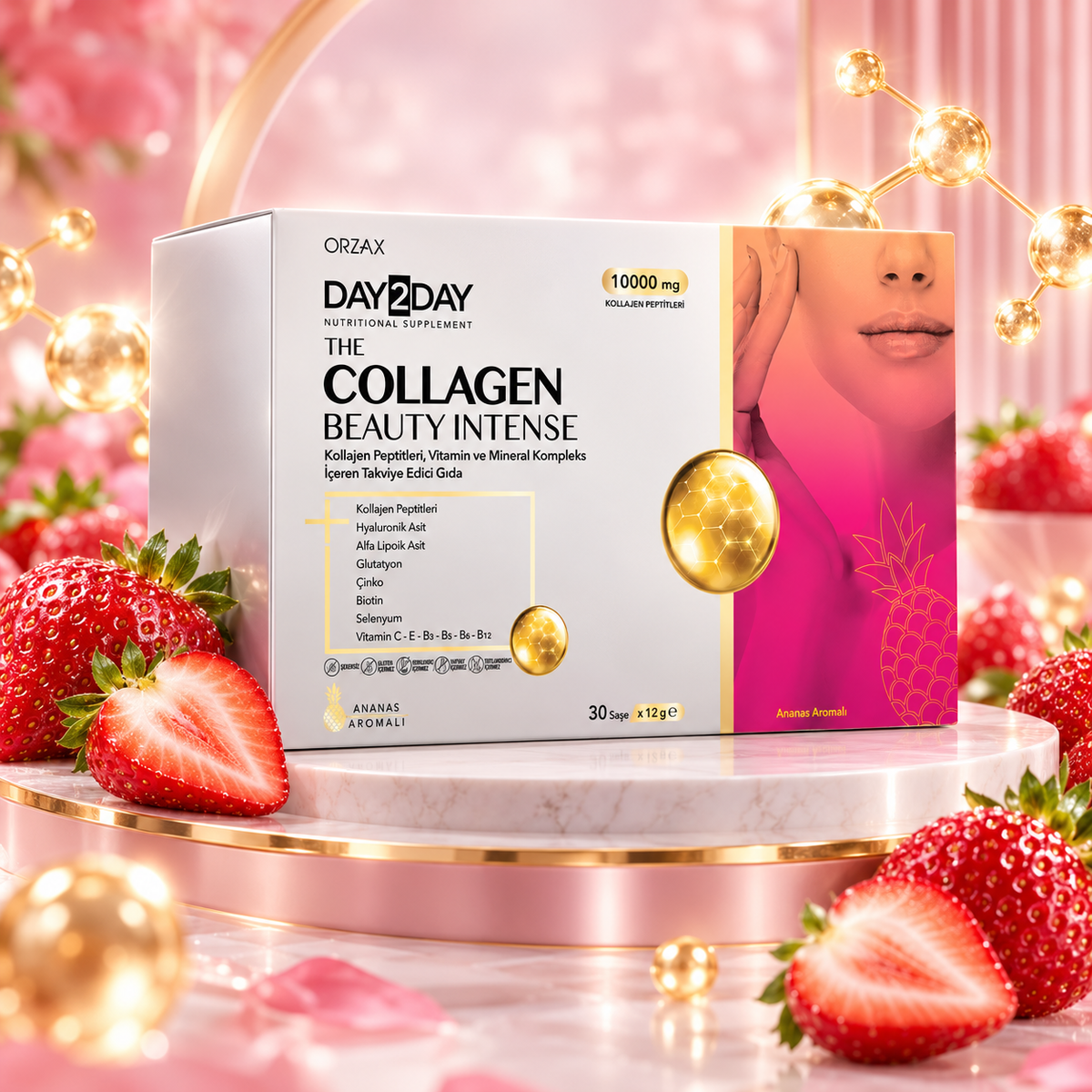 Day2Day The Collagen Beauty Intense Erdbeergeschmack – 30 Sachets | Typ 1 und Typ 3 Kollagen, Ceramosides™ Halal