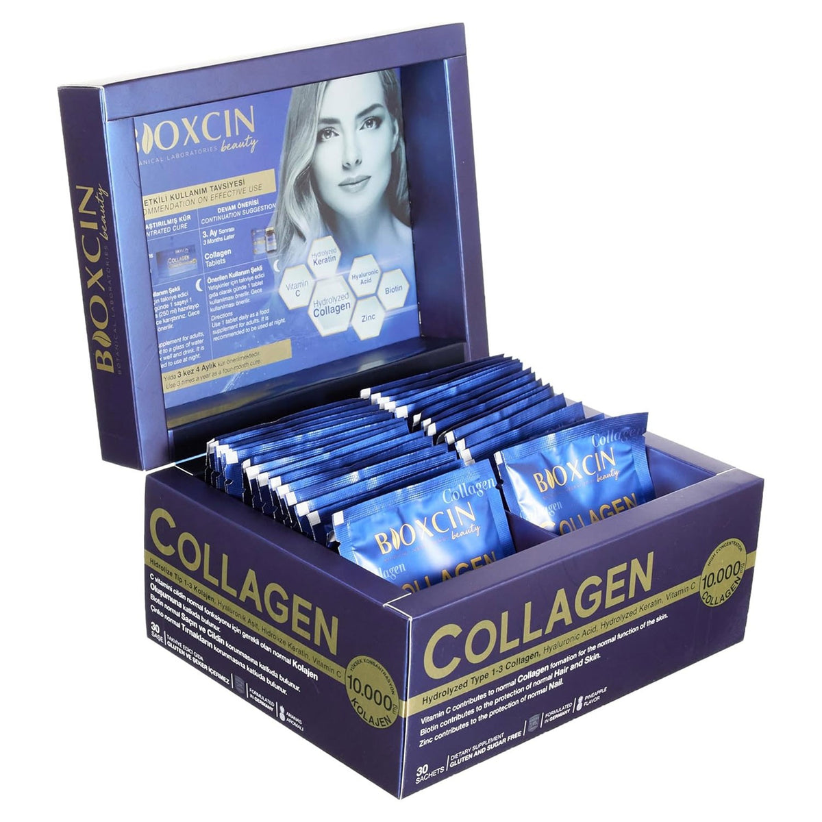 Bioxcin Beauty Kollagen-Pulver, 30 Sachets – 10.000 mg hydrolysiertes Kollagen Typ I und III, Ananas-Geschmack
