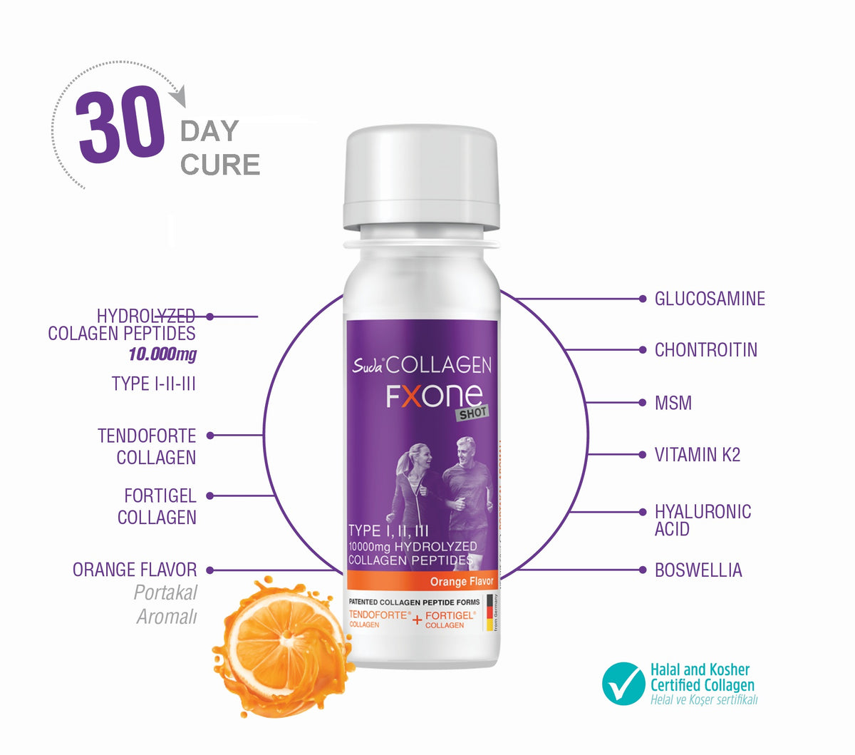 Suda Collagen FXONE Orange Flavor 30 x 40 ml – 10,000 mg Type I, II & III Collagen Liquid Shots
