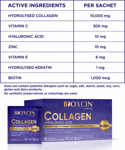 Bioxcin Beauty Kollagen-Pulver, 30 Sachets – 10.000 mg hydrolysiertes Kollagen Typ I und III, Ananas-Geschmack 