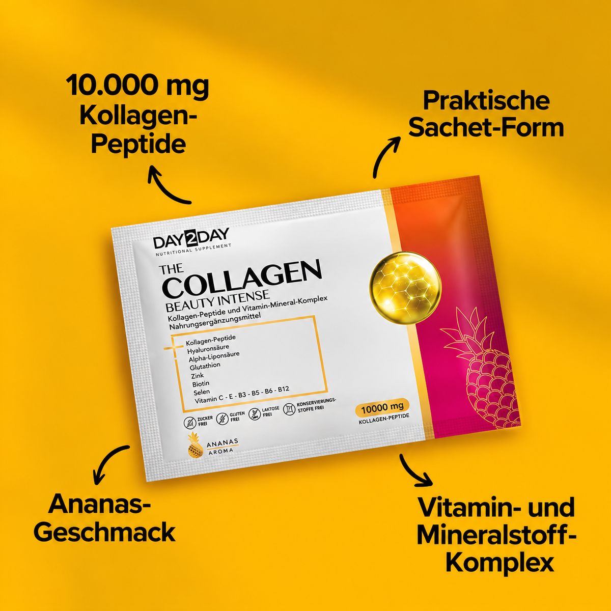 Day2Day The Collagen Beauty Intense Pineapple 30 Sachets – 10,000 mg Type 1 and Type 3 Collagen | Halal