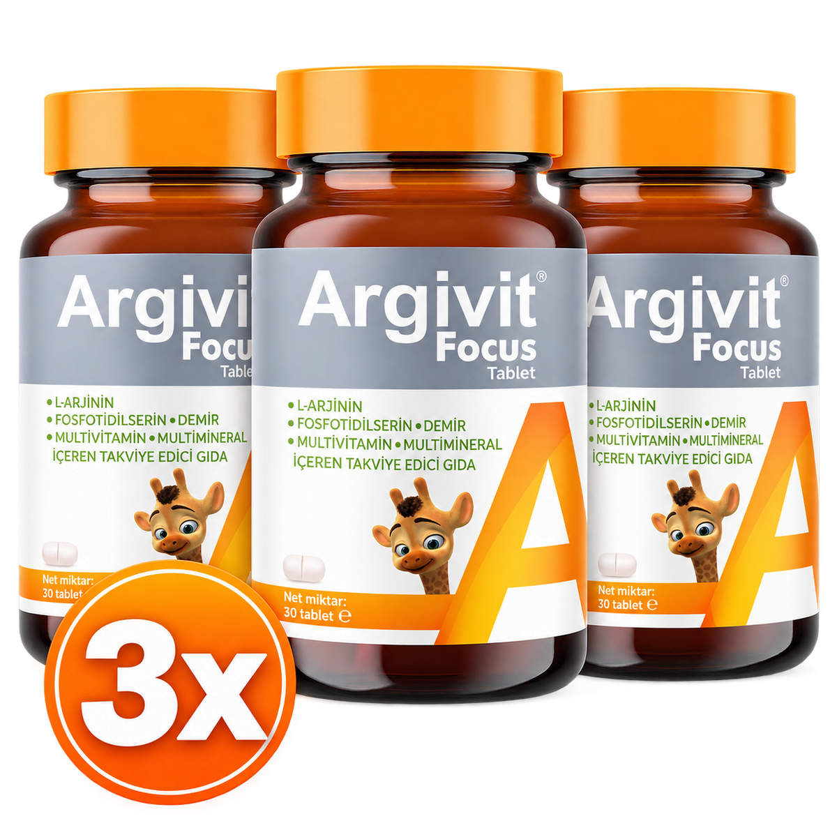 Argivit Focus 90 Tablets (3 x 30) | L-Arginine 500 mg, Phosphatidylserine 100 mg, Multivitamin & Mineral Supplement | Ages 11+