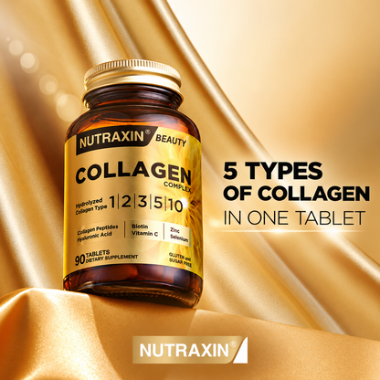 Nutraxin Collagen Complex 90 Tabletten | 5 Typen Kollagen I-II-III-V-X | Fischkollagen, Hyaluronsäure, Biotin, Vitamin C | Halal 