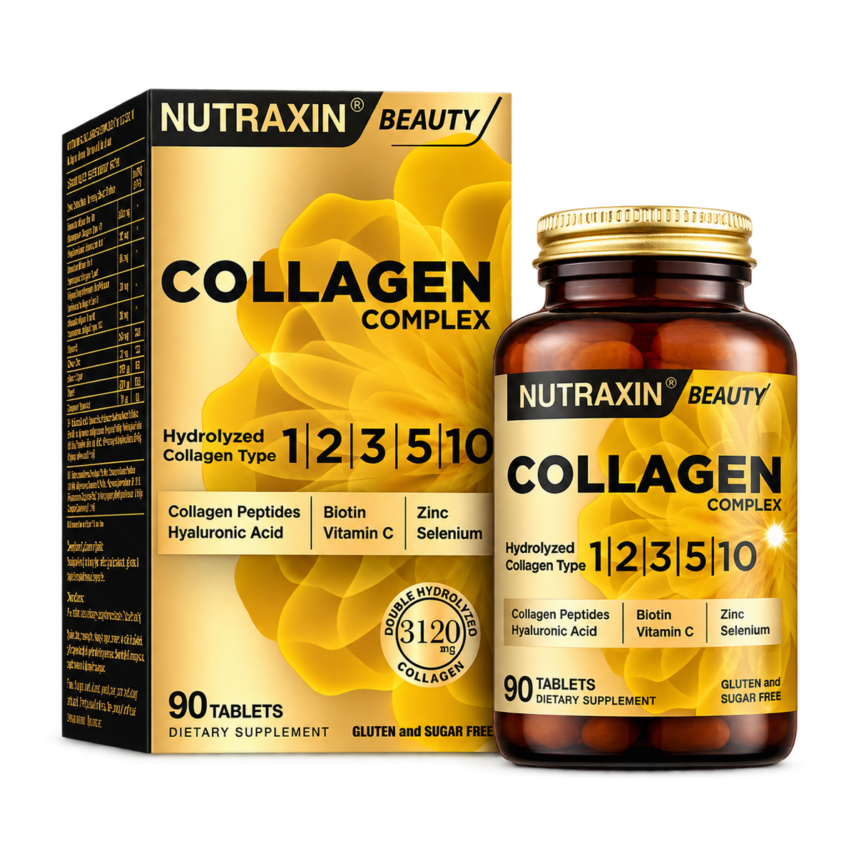 Nutraxin Collagen Complex 90 Tabletten | 5 Typen Kollagen I-II-III-V-X | Fischkollagen, Hyaluronsäure, Biotin, Vitamin C | Halal 
