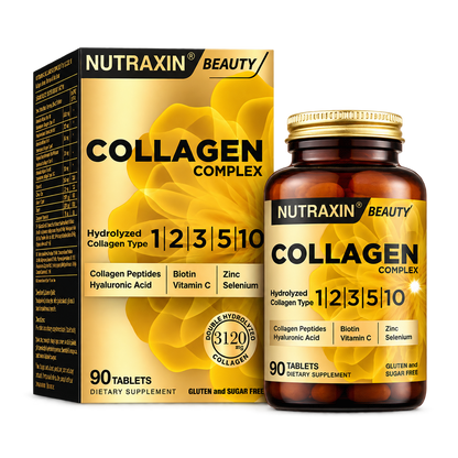 Nutraxin Collagen Complex 90 Tabletten | 5 Typen Kollagen I-II-III-V-X | Fischkollagen, Hyaluronsäure, Biotin, Vitamin C | Halal 