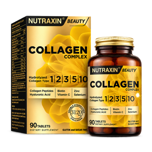 Nutraxin Collagen Complex 90 Tablets | 5 Types of Collagen I-II-III-V-X | Marine Collagen, Hyaluronic Acid, Biotin, Vitamin C | Halal 