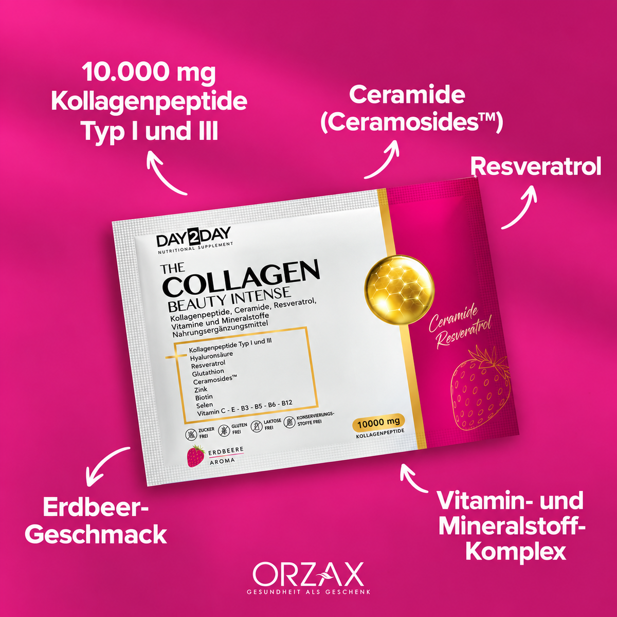 Day2Day The Collagen Beauty Intense Erdbeergeschmack – 30 Sachets | Typ 1 und Typ 3 Kollagen, Ceramosides™ Halal 