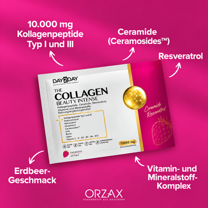 Day2Day The Collagen Beauty Intense Erdbeergeschmack – 30 Sachets | Typ 1 und Typ 3 Kollagen, Ceramosides™ Halal 
