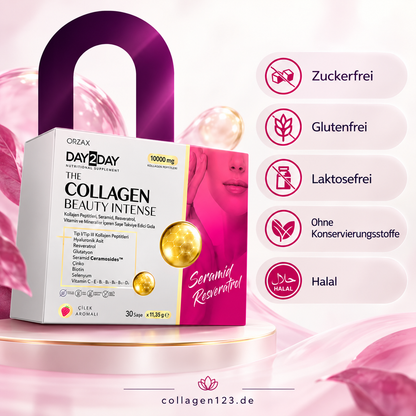 Day2Day The Collagen Beauty Intense Erdbeergeschmack – 30 Sachets | Typ 1 und Typ 3 Kollagen, Ceramosides™ Halal 