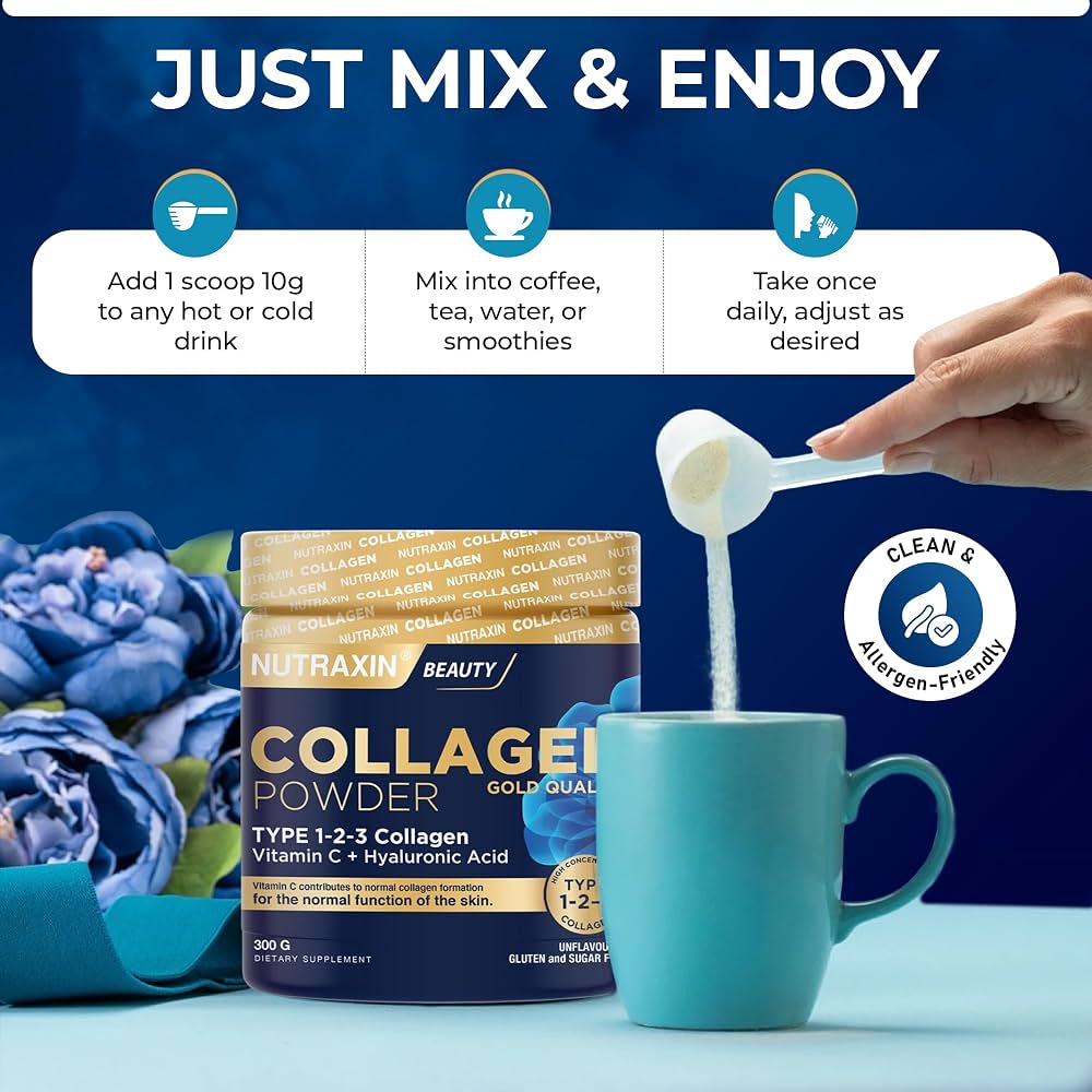 Nutraxin Hydrolyzed Type 1-2-3 Collagen Powder 300 g | With Vitamin C, Hyaluronic Acid and Halal Certified