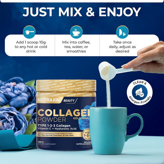 Nutraxin Hydrolyzed Type 1-2-3 Collagen Powder 300 g | With Vitamin C, Hyaluronic Acid and Halal Certified
