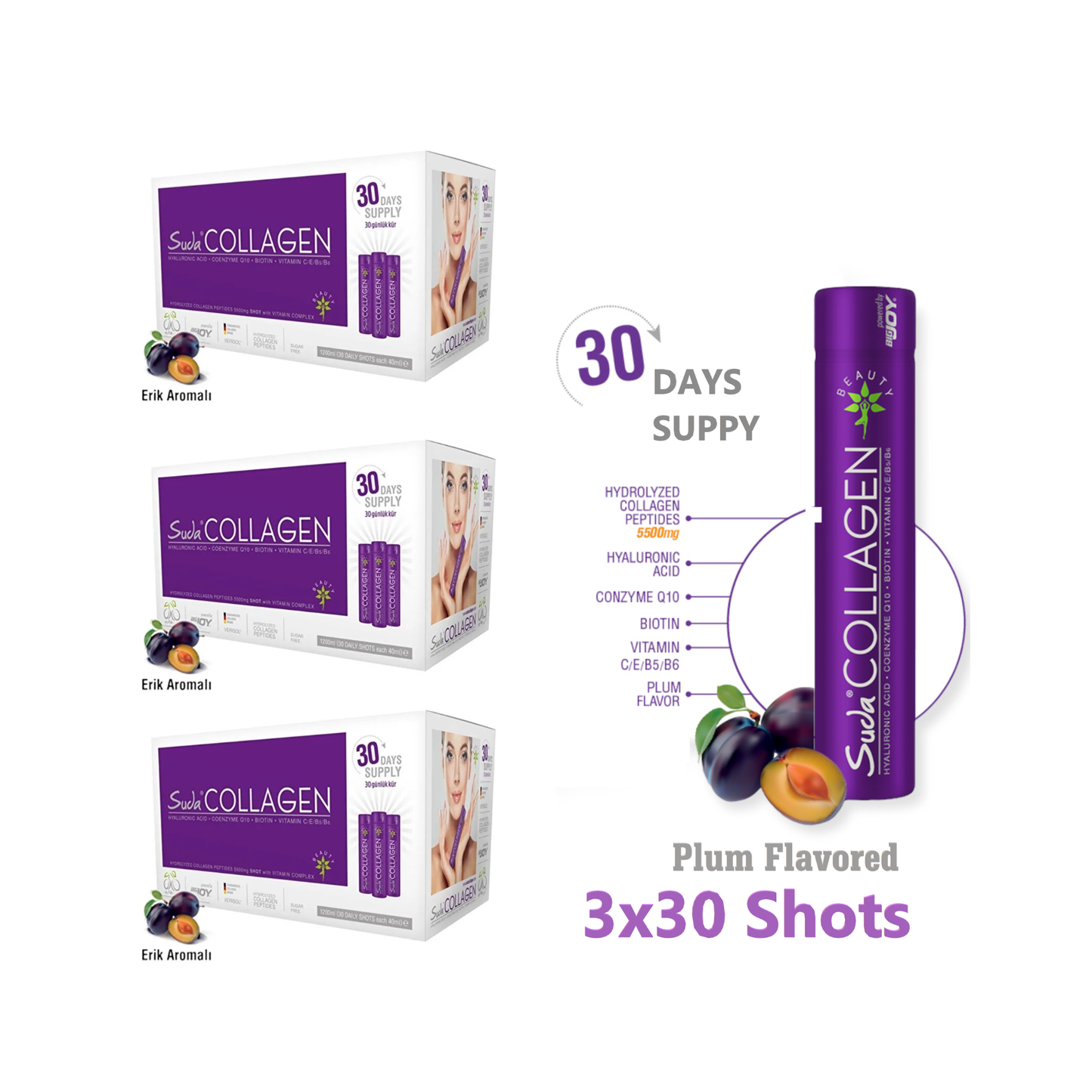 Suda Collagen mit Pflaumengeschmack 3er-Set (90 Shots x 40ml) 